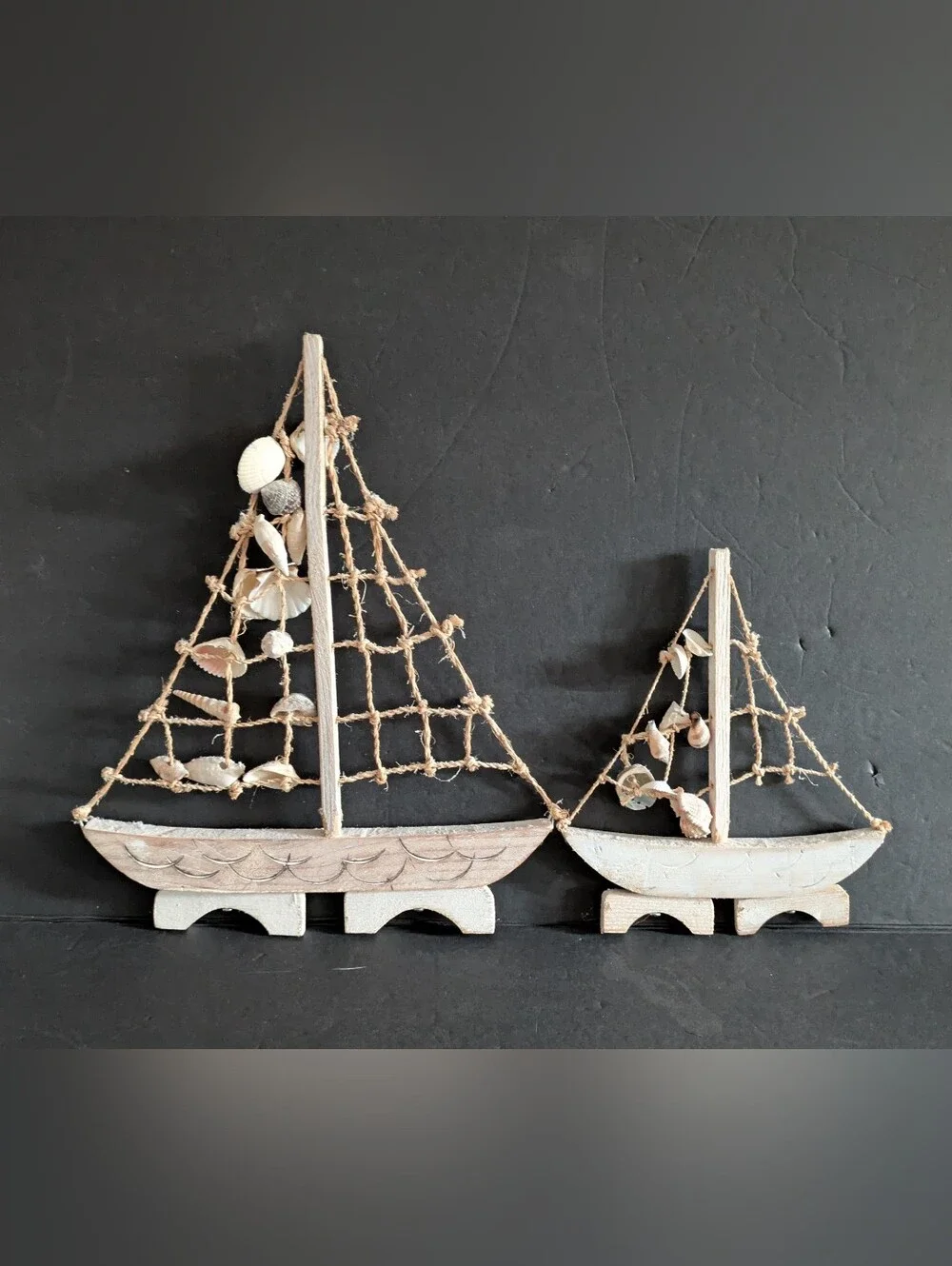 Nautical Natural Driftwood Sailboat and Shells Wall Decor Rustic White Set of 2